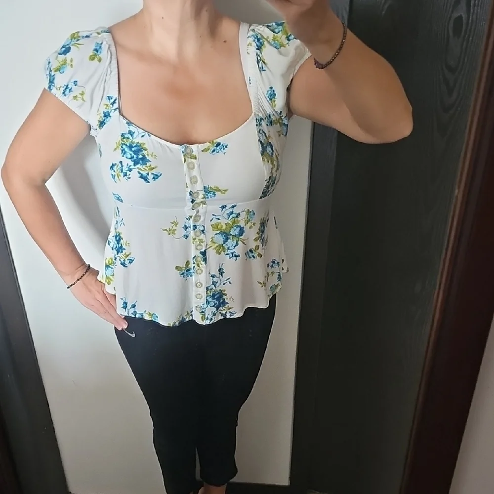 Free People White Floral Button Front Blouse with Blue and Green Print